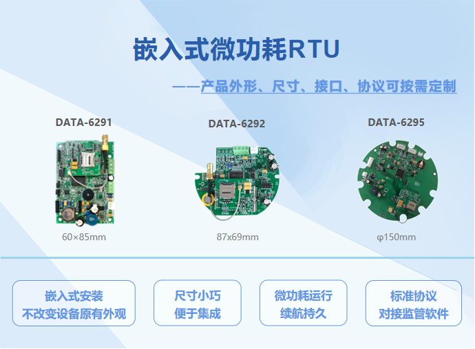 嵌入式微功耗RTU，产品外形、尺寸、接口、协议可按需定制。嵌入式安装，不改变设备原有外观；尺寸小巧，便于集成；微功耗运行，续航持久；标准协议对接监管软件